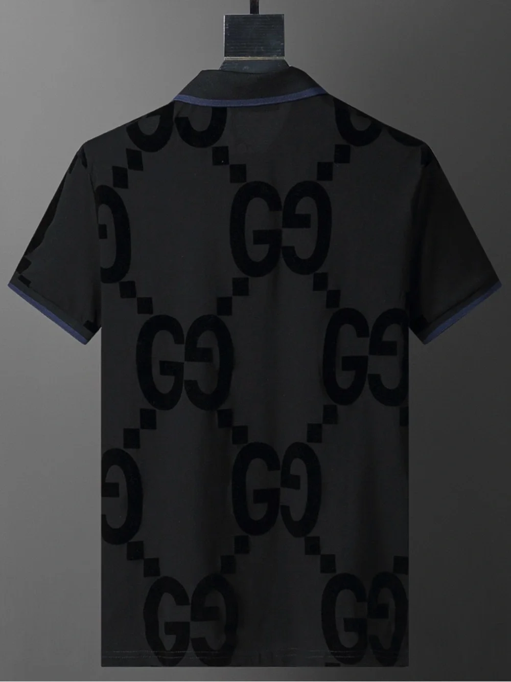 Gucci Black Polo with Tonal GG Jacquard and Navy Trim